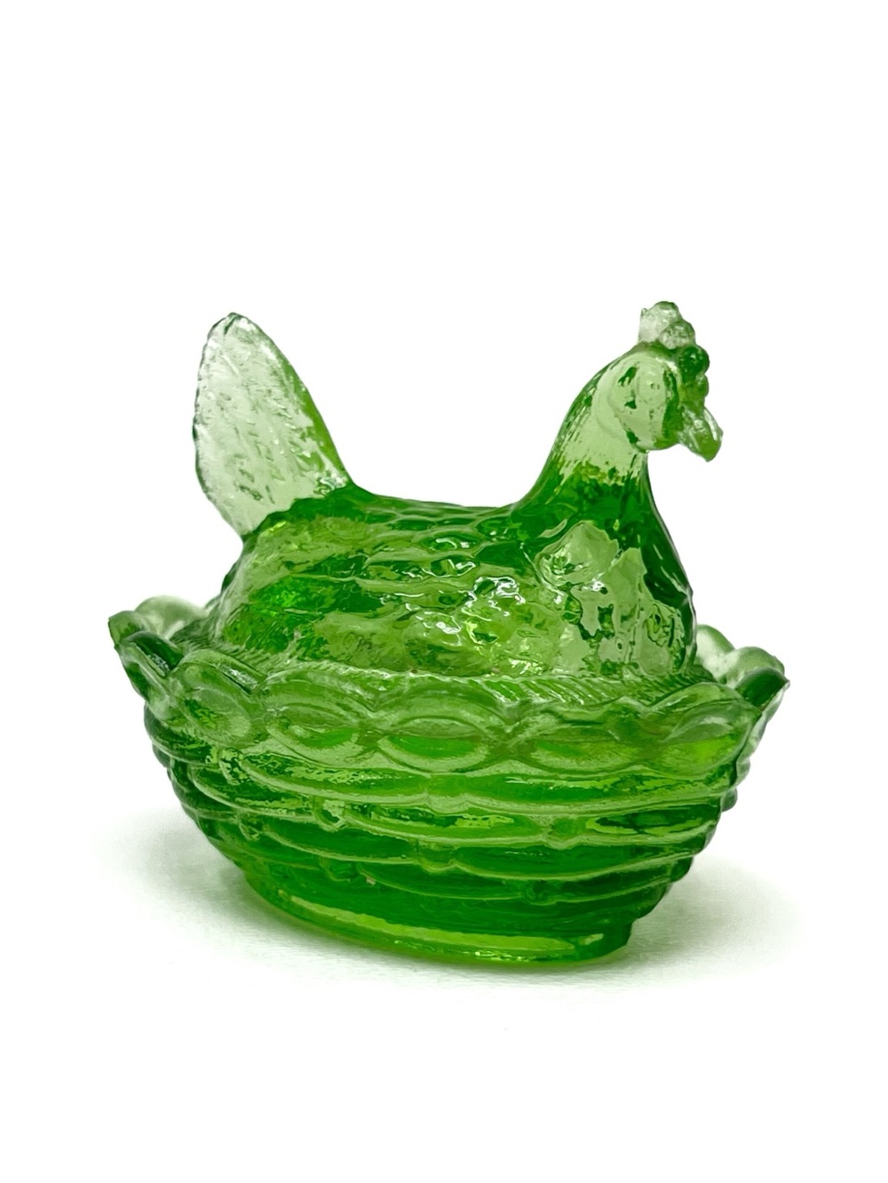 Antique Mini Hen on Nest Dish Green Uranium Glass Vallerysthal Salt Cellar EUC